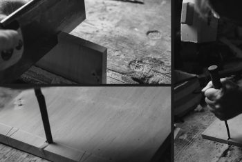 A black and white collage of woodworking showing dovetail joint craftsmanship, featuring sawing, chiseling, and assembling